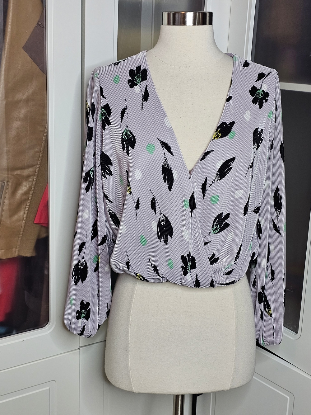 Astr The Lable Lavender Floral Wrap Blouse with Black and Mint Accents